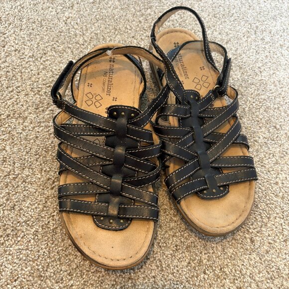 Naturalizer N5 Comfort Jamboree black leather sandals Strappy Size 7.5 - Picture 1 of 10